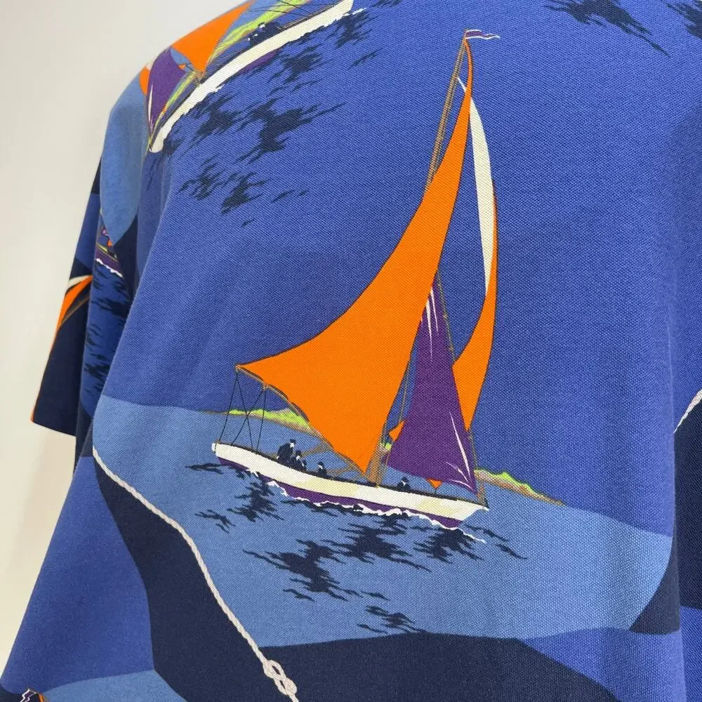 Vintage Polo Ralph Lauren Printed Polo Shirt Blue Abstract Sailing Motif Cotton